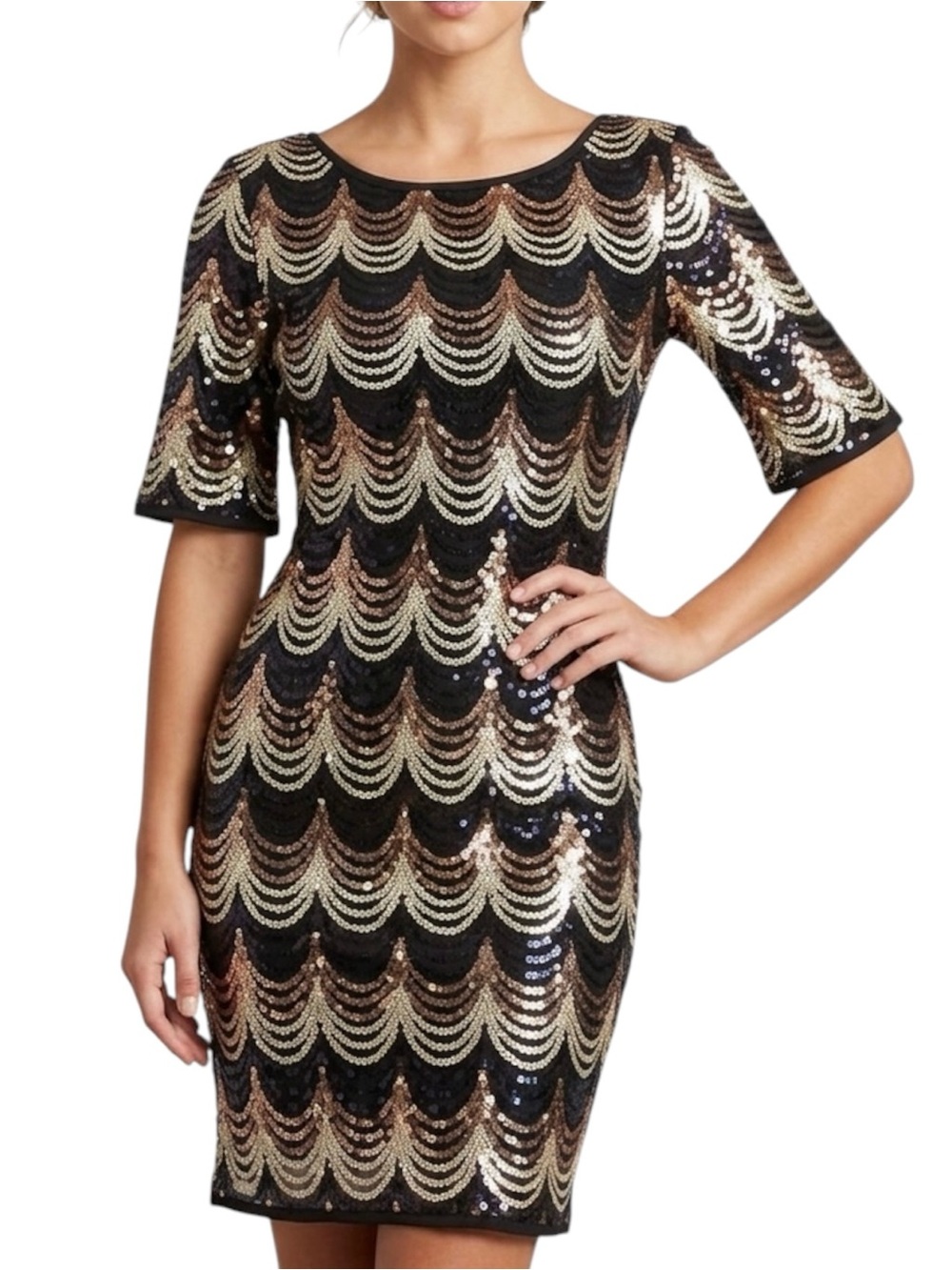 NWT Venus Sequin Mini Dress Black Gold Short Sleeve M Bodycon Low Back Party